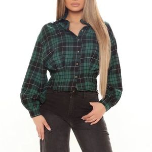 Green & Black Plaid Button Down Blouse